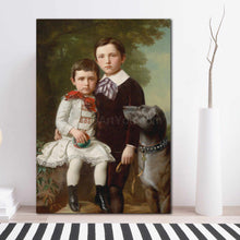 Load image into Gallery viewer, Portrait of two children dressed in historical regal attires standing near a dog standing on a wooden floor