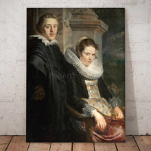Load image into Gallery viewer, Portrait of a couple dressed in historical black clothes stands on a wooden floor near a white wall