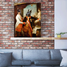 Load image into Gallery viewer, Portrait of a pair of two dogs with human bodies dressed in red regal attires stands on a wooden shelf above a gray sofa