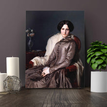 Load image into Gallery viewer, Portrait of a woman with dark hair dressed in regal attire stands on a wooden table next to two candles
