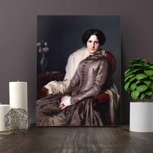 Load image into Gallery viewer, Portrait of a woman with dark hair dressed in regal attire stands on a wooden table next to two candles