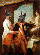 Load image into Gallery viewer, The portrait shows a pair of two dogs with human bodies dressed in red royal clothes