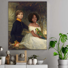 Load image into Gallery viewer, Portrait of two children dressed in historical royal clothes hangs on a gray wall near a flowerpot