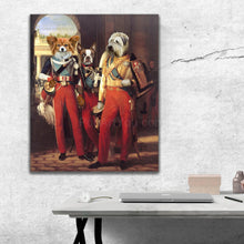 Load image into Gallery viewer, Portrait of three dogs with human bodies dressed in red royal attires hanging on the gray wall above the work table
