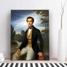 Load image into Gallery viewer, A portrait of a man dressed in a royal costume stands on the floor against a white wall