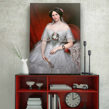 Load image into Gallery viewer, Portrait of a woman with dark hair wearing a white royal dress stands on a red table