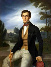 Load image into Gallery viewer, The portrait shows a man sitting on a bench in renaissance regal attire