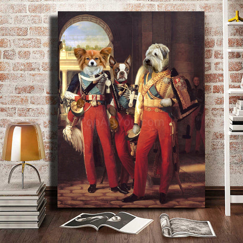 Portrait of three dogs with human bodies dressed in red regal clothes stands on a wooden floor near a red brick wall