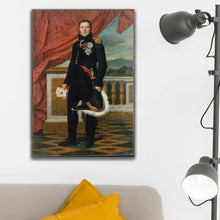 Load image into Gallery viewer, On the white wall next to the lamps hangs a portrait of a man dressed in renaissance clothes