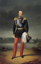 Load image into Gallery viewer, The portrait shows a man standing in the fog wearing a regal suit