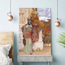 Load image into Gallery viewer, Portrait of two dogs with human bodies dressed in royal dresses stands on a gray table near the bed