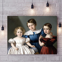 Load image into Gallery viewer, Portrait of three children dressed in historical royal dresses hangs on a white brick wall about four light bulbs