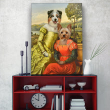 Load image into Gallery viewer, Portrait of two female friends dogs with human bodies dressed in historical royal dresses stands on a red table near the clock