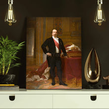Load image into Gallery viewer, A portrait of a man dressed in renaissance regal attire stands on a white shelf next to two light bulbs