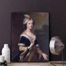 Load image into Gallery viewer, Portrait of a woman with dark hair dressed in royal clothes stands on a wooden table next to a white vase