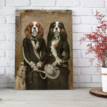 Load image into Gallery viewer, Portrait of two twin dogs with human bodies dressed in black royal dresses stands on a wooden floor near a white brick wall