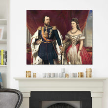 Load image into Gallery viewer, Portrait of a couple dressed in historical regal attires standing near red curtains hanging on a white wall above the fireplace
