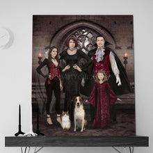 Load image into Gallery viewer, A portrait of a vampire family dressed in historical red attires stands on a black shelf