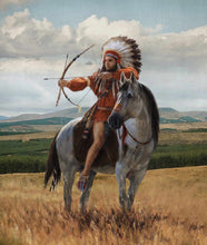 Load image into Gallery viewer, The portrait shows a man sitting on a horse dressed in an American Indian costume
