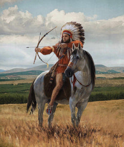 The portrait shows a man sitting on a horse dressed in an American Indian costume