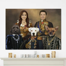 Load image into Gallery viewer, Portrait of a couple with three dogs with bodies of people dressed in historical royal clothes hanging on a white wall