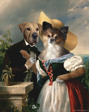 Load image into Gallery viewer, The portrait shows a flirting couple of two dogs with human bodies in the forest