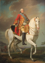 Load image into Gallery viewer, The portrait shows a man sitting on a horse dressed in a renaissance red regal suit