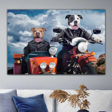 Load image into Gallery viewer, Portrait of two dogs bikers riding a motorcycle hanging on a white wall above the sofa