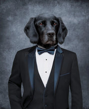 Load image into Gallery viewer, The portrait shows a black dog dressed in a black Bond suit with a black bow tie