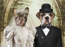 Load image into Gallery viewer, The portrait shows two dogs with human bodies dressed in wedding attires