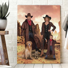 Load image into Gallery viewer, Portrait of a family dressed in historical attires with hats stands on a wooden floor near a white brick wall
