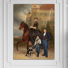 Load image into Gallery viewer, Portrait of a horsewoman, a man, a child and a dog in historical attires hangs on a white wall