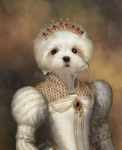 Load image into Gallery viewer, The portrait shows a white dog with a human body dressed in a silver royal dress with a crown