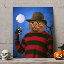 Load image into Gallery viewer, Portrait of a cat with a human body dressed in red Krueger clothes stands on a wooden floor