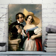 Load image into Gallery viewer, Portrait of a couple dressed in historical royal clothes with a hat stands on a blue table near books
