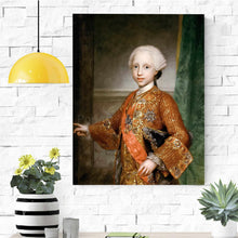 Load image into Gallery viewer, Portrait of a boy dressed in bronze royal clothes hangs on a white brick wall