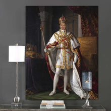 Load image into Gallery viewer, On the gray wall next to two lamps hangs a portrait of a man dressed in a royal costume
