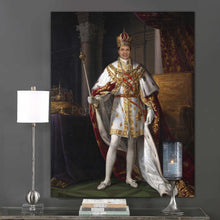 Load image into Gallery viewer, On the gray wall next to two lamps hangs a portrait of a man dressed in a royal costume