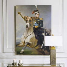 Load image into Gallery viewer, A portrait of a man dressed in historical royal clothes running on a huge dog hangs on a white wall