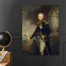 Load image into Gallery viewer, A portrait of a man with white hair dressed in royal blue clothes hangs on the gray wall near the globe