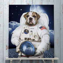 Load image into Gallery viewer, Portrait of a dog dressed in white attire of an American astronaut stands on a wooden shelf against a background of a blue wall