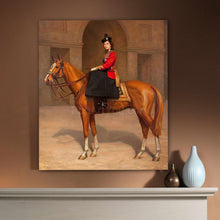 Load image into Gallery viewer, Portrait of a woman riding a horse dressed in regal attire hangs on a beige wall