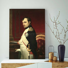 Load image into Gallery viewer, A portrait of a man standing near a red chair dressed in historical royal clothes stands on a white table next to a gray vase