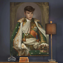 Load image into Gallery viewer, On the table next to the floor lamp is a portrait of a man dressed in a green Napoleon costume