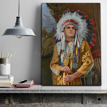 Load image into Gallery viewer, A portrait of a man dressed in an American Indian costume stands on a gray table next to notebooks