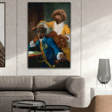 Load image into Gallery viewer, Portrait of the dog actor and his wife with human bodies hanging on the gray wall above the sofa