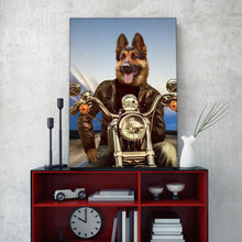 Load image into Gallery viewer, Portrait of a biker dog with a human body riding a motorcycle stands on a red table near the clock