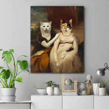 Load image into Gallery viewer, Portrait of two sisters cats with human bodies dressed in royal dresses hangs on a white wall near a flowerpot