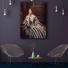 Load image into Gallery viewer, Portrait of a woman with dark hair dressed in regal attire hangs on a purple wall above two chairs
