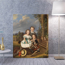 Load image into Gallery viewer, Portrait of three girls dressed in historical royal attires standing on a blue wooden floor next to a floor lamp
